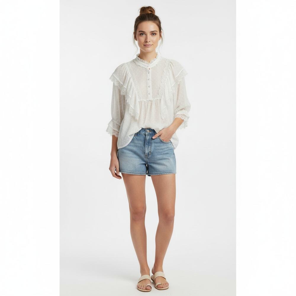 POL Swiss Dot Boho Cottagecore White Ruffle Lace Top NWOT